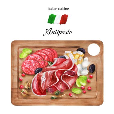 Tahta prosciutto, salam, mozzarella ve beyaz arka planda izole edilmiş zeytinli suluboya spagetti. Elle boyanmış suluboya el çizimi. 