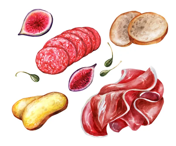 Prosciutto Salami Stokbrood Italiaanse Lekkernijen Voor Wijn Aquarelillustratie Een Witte — Stockfoto