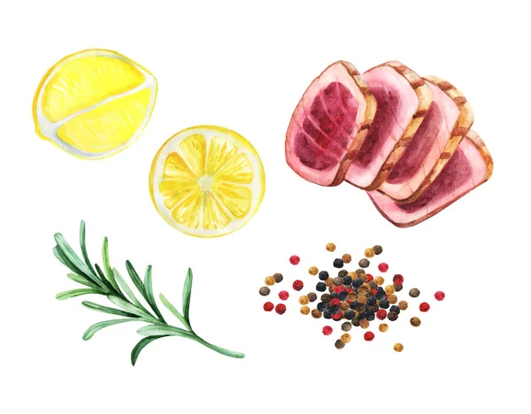 Tonfiskbiffar Med Citron Rammarine Pepparkryddor Akvarell Illustration Vit Bakgrund — Stockfoto
