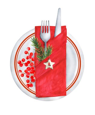Noel masası dekorasyonu. Üst Manzara. Beyaz arkaplanda suluboya izole edilmiş illüstrasyon.