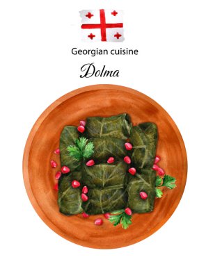 Bir kasede Dolma. Kıymalı Gürcistan üzümü yaprakları. Resim suluboya