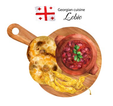 Lobio bir tencerede atıştırmalık ve tahta bir tahtanın üzerinde tortilla. Haşlanmış fasulyeden yapılmış Gürcü vejetaryen yemeği..