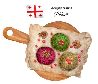 Pkhali çeşitlendirildi. Sebze ve cevizden yapılmış vejetaryen Gürcü yemeği. Suluboya çizimi.