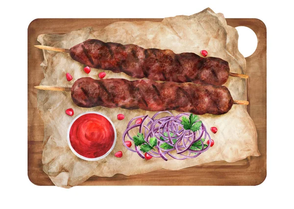 Lula Kebab Σάλτσα Και Κρεμμύδια Ξύλινη Σανίδα Τούρκικη Λευκή Κουζίνα — Φωτογραφία Αρχείου