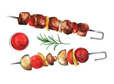 Et kebabı ve sebze şişi. Beyaz arkaplanda suluboya çizimi. Açık hava restoranları ya da kafeler için lezzetli yemekler..