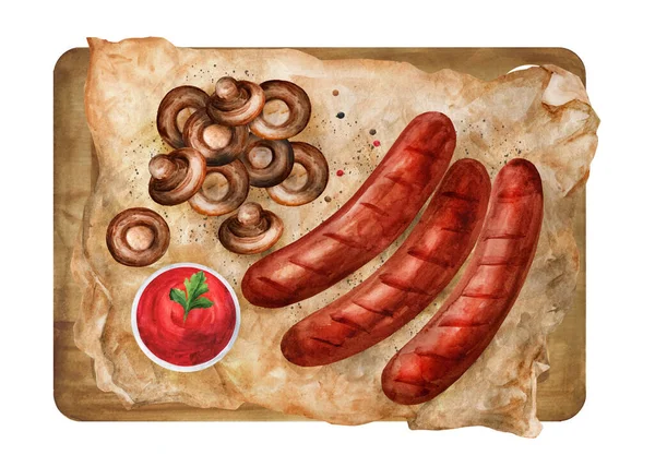 Smażone Kiełbaski Sosem Grzybami Pergaminie Desce Nadaje Się Menu Ilustracja — Zdjęcie stockowe