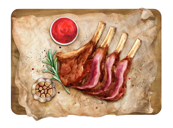 Lamb Rack Sauce Grilled Garlic Wooden Board Illustration Watercolor — Foto Stock
