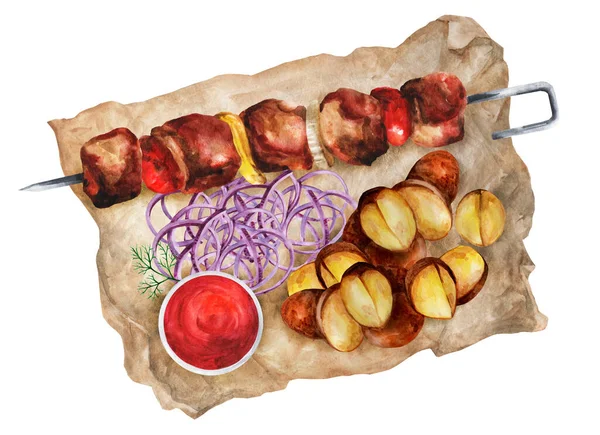 Kebab Viande Avec Pommes Terre Oignons Sur Parchemin Les Menus — Photo