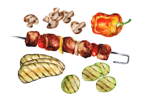 Vleesbarbecue Met Gegrilde Groenten Pepers Champignons Courgettes Aubergines Aquarelillustratie Een — Stockfoto