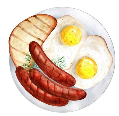 Kahvaltıda yumurta, sosis ve tost makinesi var. Menüler ve tarifler için uygun. Resim suluboya