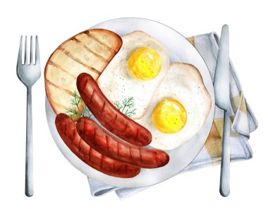 Kahvaltıda yumurta, sosis ve tost makinesi var. Menüler ve tarifler için uygun. Masa ayarı. Resim suluboya