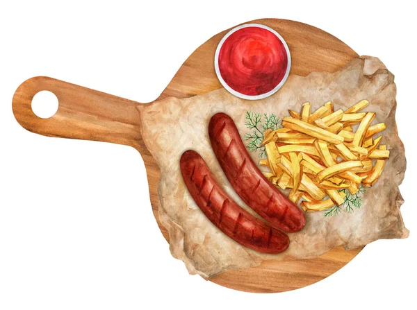 Frietjes Met Gegrilde Worsten Saus Een Ronde Snijplank Illustratie Aquarel — Stockfoto