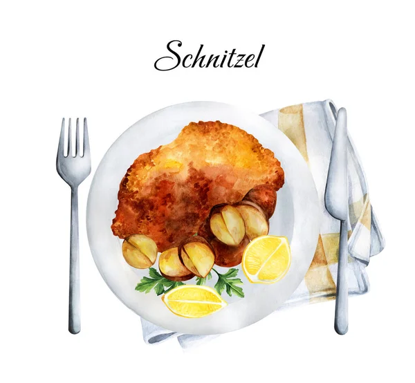 Tysk Schnitzel Med Citron Och Potatis Illustration Akvarell Tyskt Kök — Stockfoto