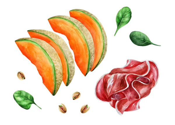 Prosciutto Melon Basil Italian Appetizer Illustration Watercolor — Fotografia de Stock