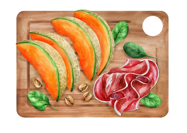 Prosciutto Dinnyével Egy Deszkán Olasz Előétel Illusztráció Akvarell — Stock Fotó