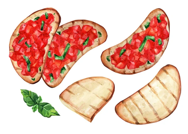 Bruschetta Pomidorem Bazylią Tradycyjna Włoska Przystawka Ilustracja Akwarela — Zdjęcie stockowe