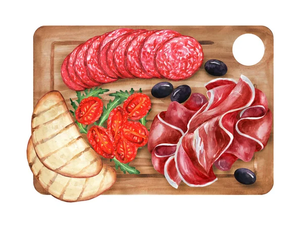 Wooden Board Prosciutto Salami Sun Dried Tomatoes Antipasta Watercolor Illustration — Fotografia de Stock