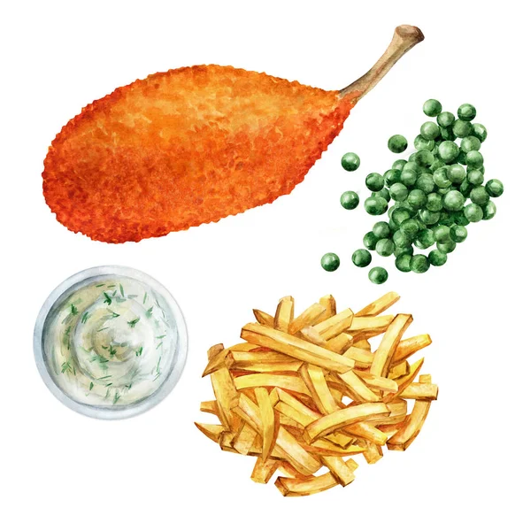 Chicken Kiev Cutlet French Fries Peas Sauce Illustration Watercolor Restaurant — Fotografia de Stock