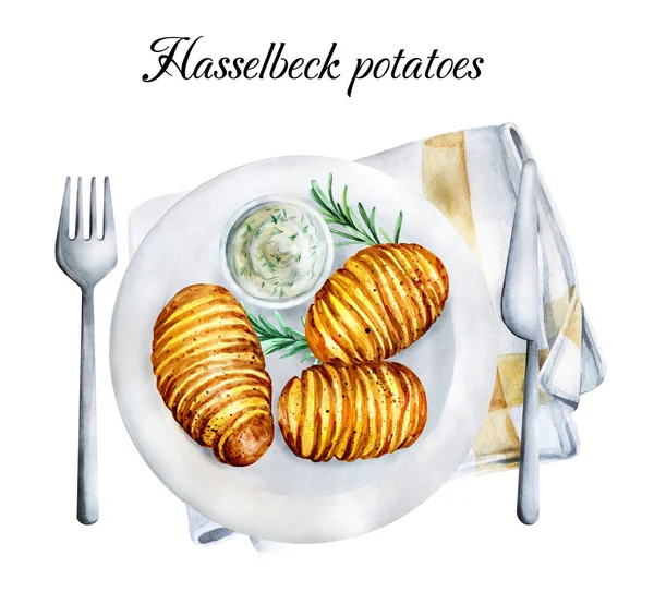 Det Hasselbeck Svensk Bakad Potatis Akvarell Illustration Vit Bakgrund Lämplig — Stockfoto