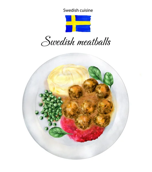 Σουηδικά Κεφτεδάκια Ένα Πιάτο Εικονογράφηση Ακουαρέλας Λευκό Φόντο Κατάλληλο Για — Φωτογραφία Αρχείου