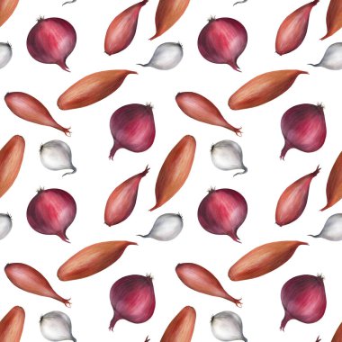 Soğansız desen. Elle boyanmış suluboya. Menü tasarımı, mutfak, duvar kağıdı, hatıra defteri için mükemmel bir seçenek