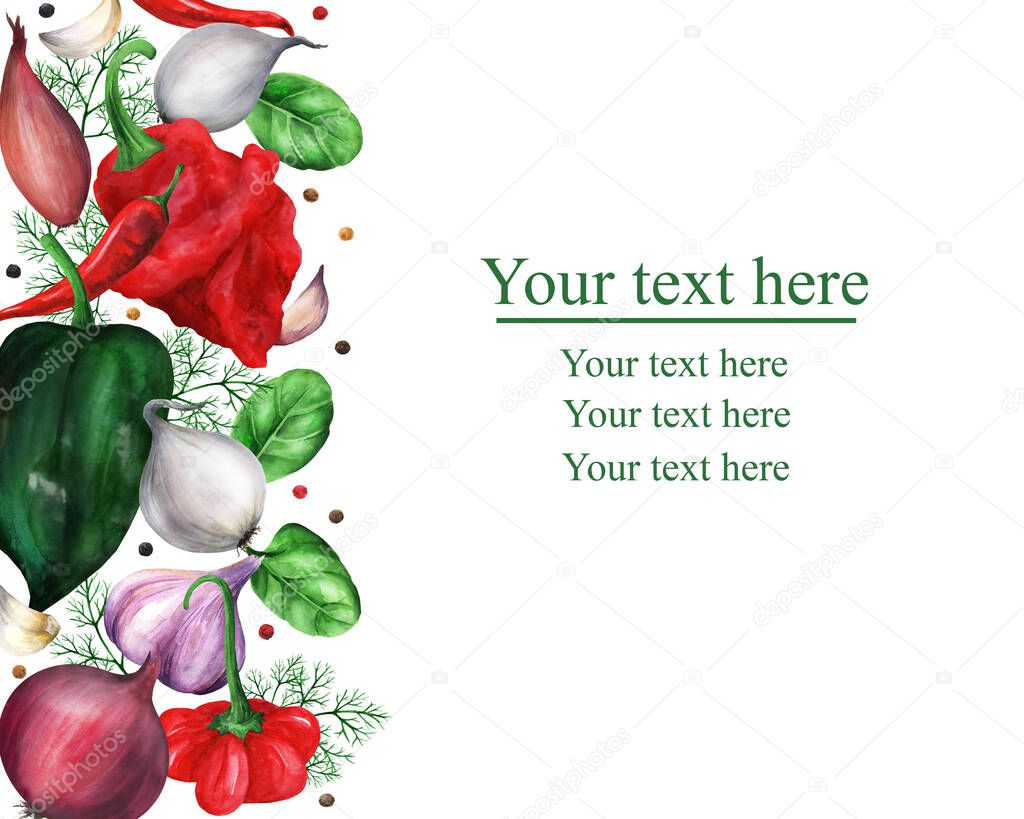 Watercolor vegetables border with peppers, onions, dill and spinach. Hand painted vegetarian banner for menu, greeting cards, recipes. Farm design. Your text here