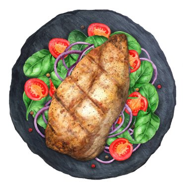 Fırında tavuk fileto, marul, vişneli domates ve siyah tabakta soğan. Lezzetli yemek. Sağlıklı ve tatmin edici yiyecek kavramı. Suluboya çizimi