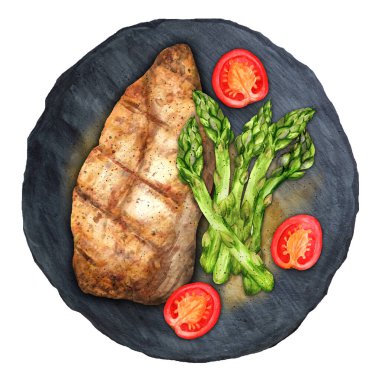 Lezzetli kızarmış tavuk göğsü, yeşil kuşkonmaz ve kaykay tahtasında vişneli domates. Suluboya el çizimi çizimi. Menü ve yemek kitabı için uygun.