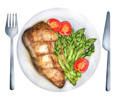 Tavuk göğsü, kuşkonmaz ve tabakta vişneli domates. Suluboya el çizimi çizimi. Menü ve yemek kitabı için uygun.