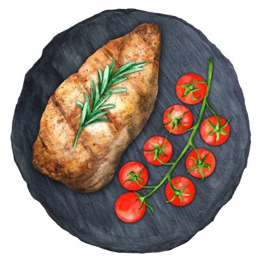 Kızarmış tavuk fileto ve kirazlı domates filizi tahtada. Üst Manzara. Suluboya el çizimi çizimi. Menü ve yemek kitabı için uygun.