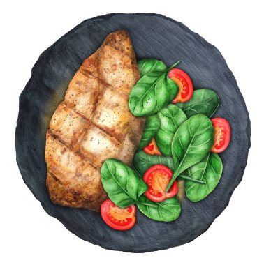 Ispanaklı tavuk fileto. Sağlıklı beslenme, keto diyeti, diyet öğle yemeği konsepti. Tahta üzerinde üst görünüm. Suluboya el çizimi çizimi. Menü ve yemek kitabı için uygun.
