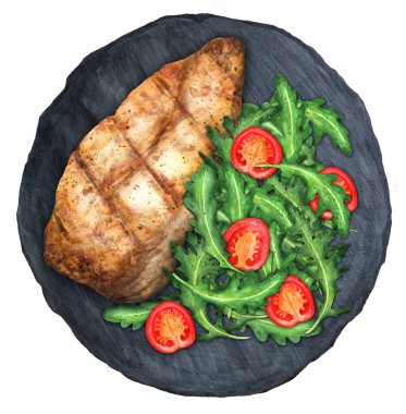 Çeri domatesli baharatlı tavuk göğsü ve taze roka. Ev yapımı lezzetli yemekler. Sağlıklı ve tatmin edici yiyecek kavramı. Suluboya çizimi