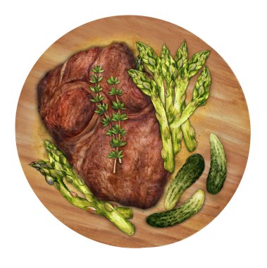 Tahta üzerinde sulu biftek ve yanında kuşkonmaz ve turşu. Barbekü eti. Üst Manzara. Suluboya el çizimi çizimi. Menü ve yemek kitabı için uygun.