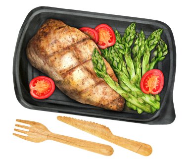 Paket yemek. Kuşkonmaz garnitür ve kiraz domatesli ızgara tavuk filetosu. Keto diyeti, diyet öğle yemeği konsepti. Süper manzara. Suluboya çizimi