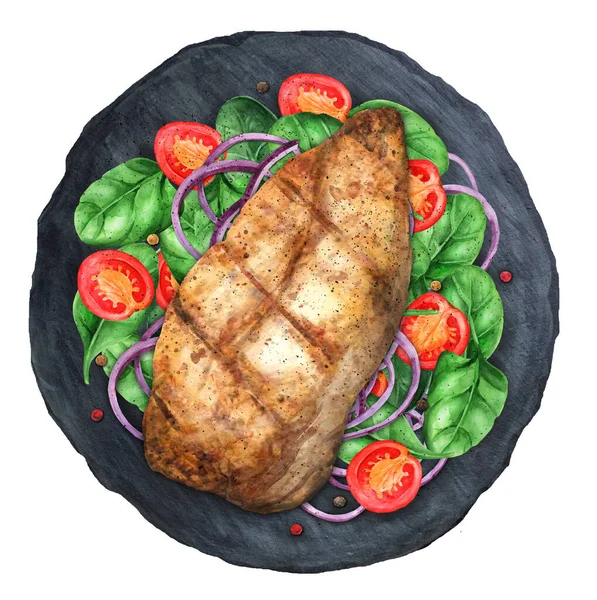 烤鸡肉片 樱桃西红柿和洋葱放在黑盘上 美味的食物 健康和令人满意的食物的概念 水彩画 — 图库照片
