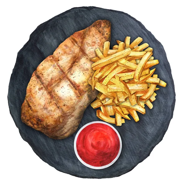 Fried Chicken Fillet French Fries Red Sauce Slate Board Top — Fotografia de Stock