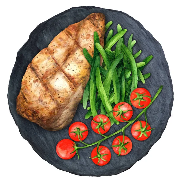 Grilled Chicken Fillets Green Beans Cherry Tomatoes Slate Board Watercolor — Photo