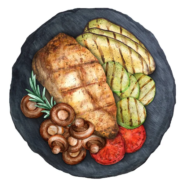 Grilled Steak Grilled Vegetables Rosemary Bbq Meat View Flat Top — Zdjęcie stockowe