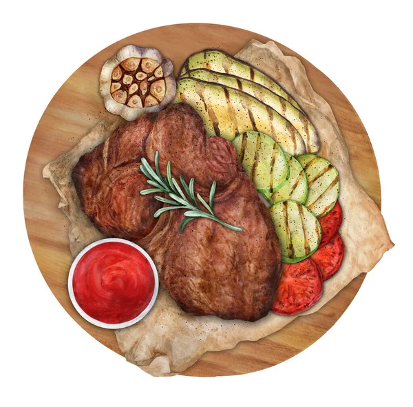 Grilled Meat Vegetables Wooden Board Red Sauce Top View Watercolor — Stok fotoğraf