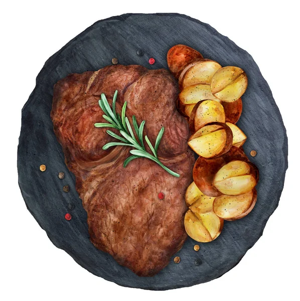 Steak Fried Potato Wedges Slate Watercolor Hand Drawn Illustration Suitable — Stock Fotó