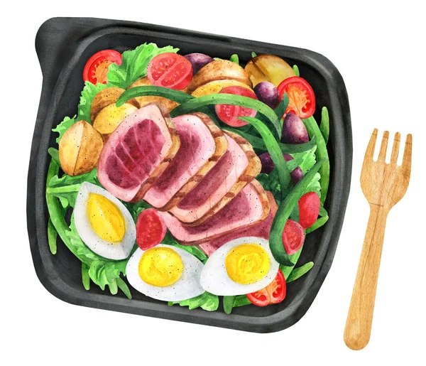 French Salad Nicoise Takeaway Box Proposal Menu Public Catering Delivery — Stock Fotó