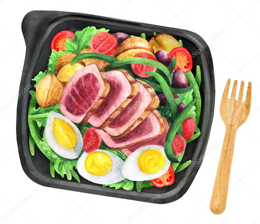 French salad Nicoise in a takeaway box. Proposal of the menu in public catering with delivery. Top view. Watercolor illustration