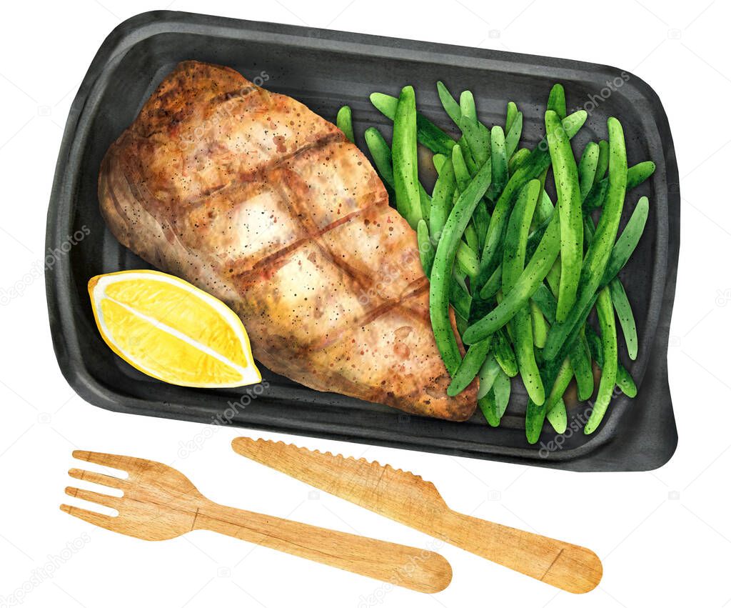 Fried chicken fillet with green beans and lemon in a container. Keto diet, diet lunch concept. Top view. Takeaway food. Watercolor illustration