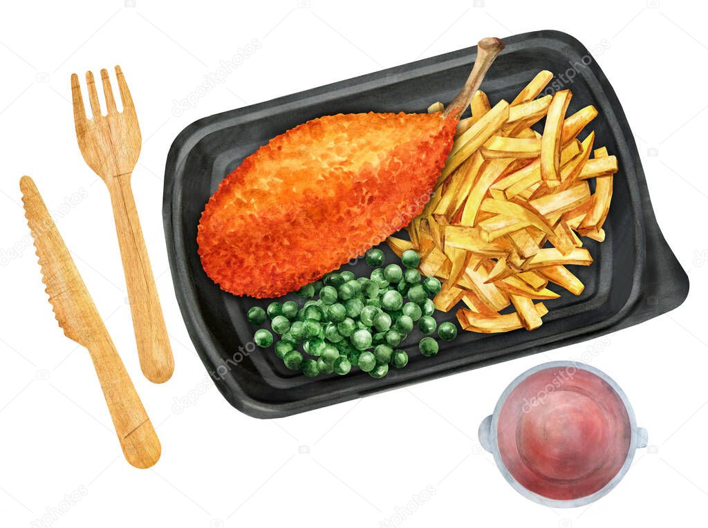 Chicken Kiev cutlet with French fries and peas in a takeaway box. Proposal of the menu in public catering with delivery. Watercolor illustration