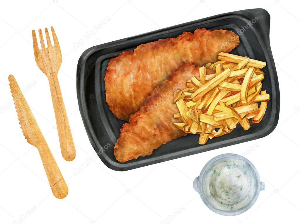 Fried fish and french fries with white sauce in a container. Takeaway food. Top view. Watercolor illustration