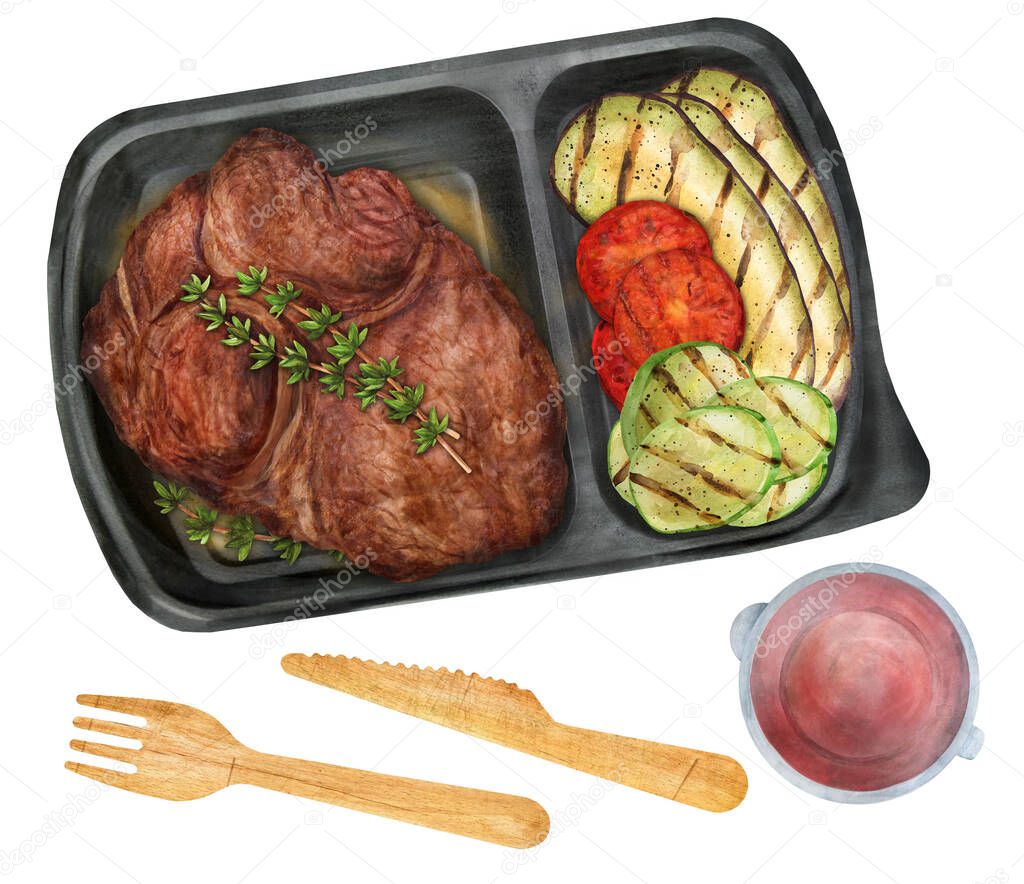 Fried steak with grilled vegetables in a plastic box takeaway. Proposal of the menu in public catering with delivery. Top view. Watercolor illustration