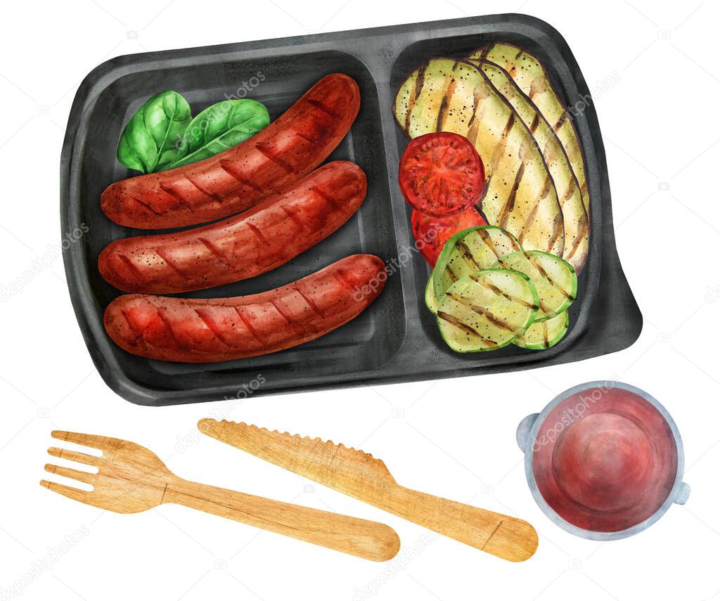 Fried sausages with grilled vegetables in a takeaway box. Proposal of the menu in public catering with delivery. Watercolor illustration