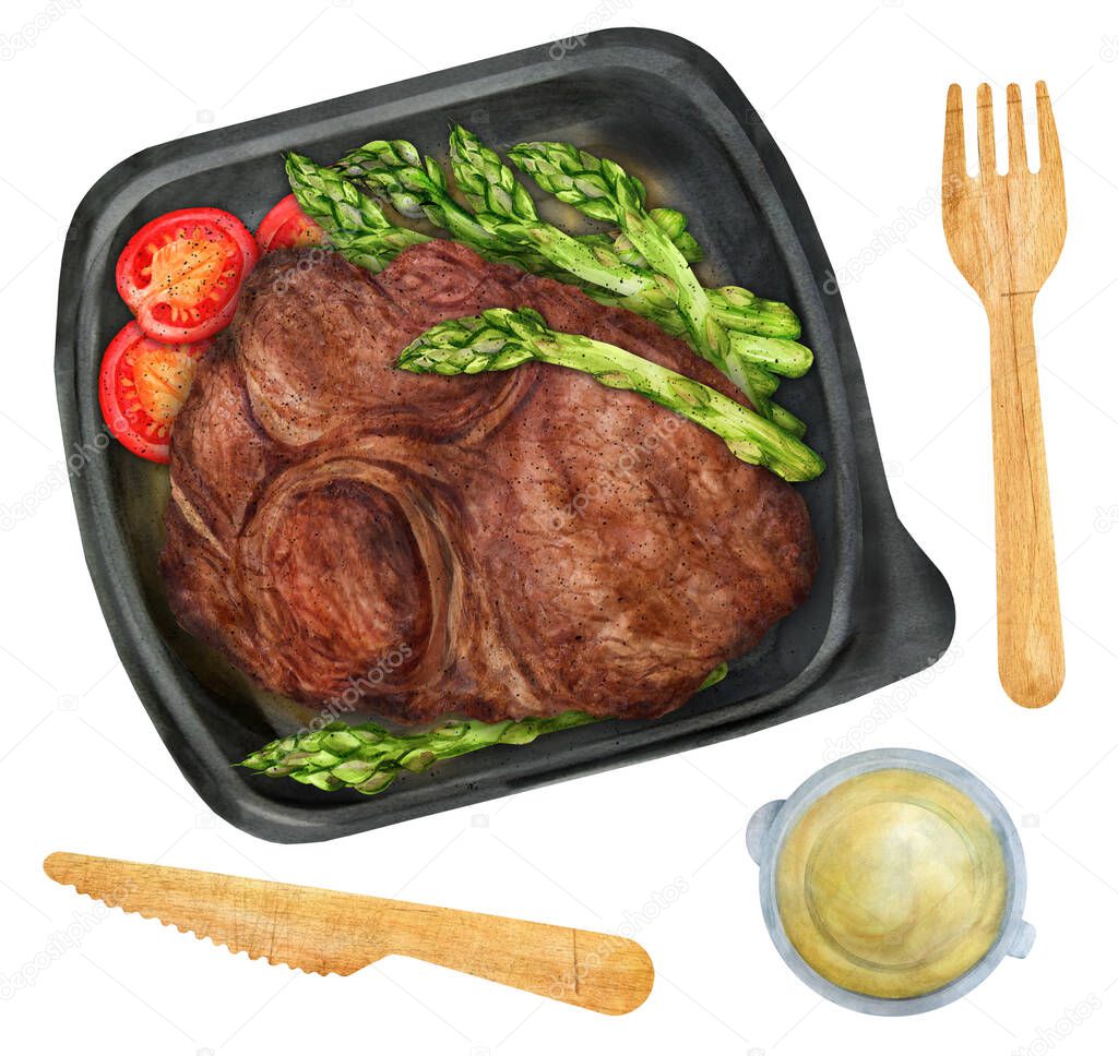 Grilled steak with asparagus in a plastic box takeaway. Proposal of the menu in public catering with delivery. Top view. Watercolor illustration