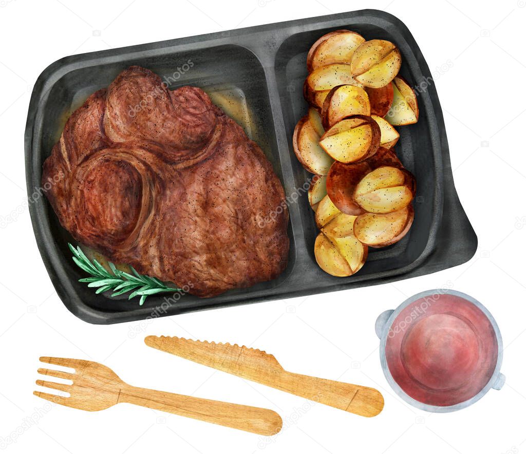 Grilled steak with fried potatoesin a plastic box takeaway. Proposal of the menu in public catering with delivery. Top view. Watercolor illustration