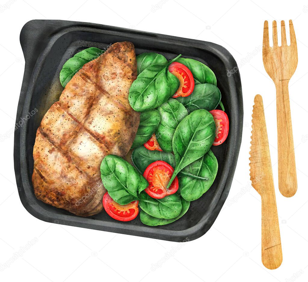 Takeaway food. Grilled chicken fillet, poultry meat grilled with spinach and cherry tomatoes. Top view. Watercolor illustration